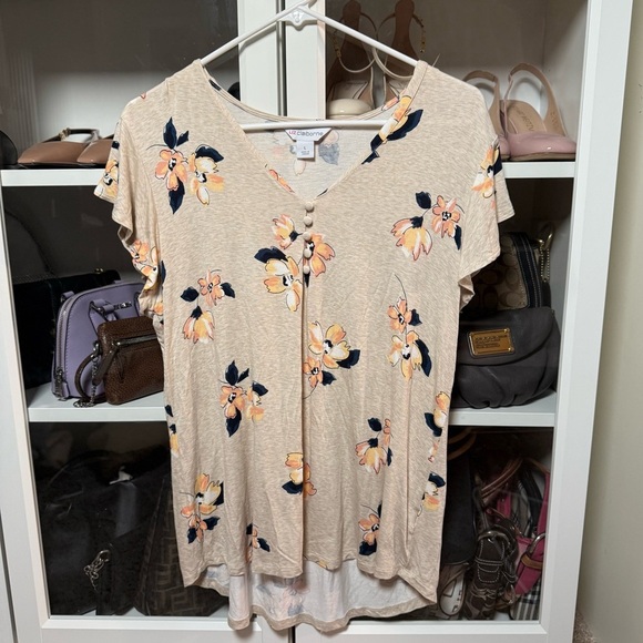 Liz Claiborne Tops - Liz Clairbone Beige Floral Patterned Short Sleeve Blouse Women’s Size Large